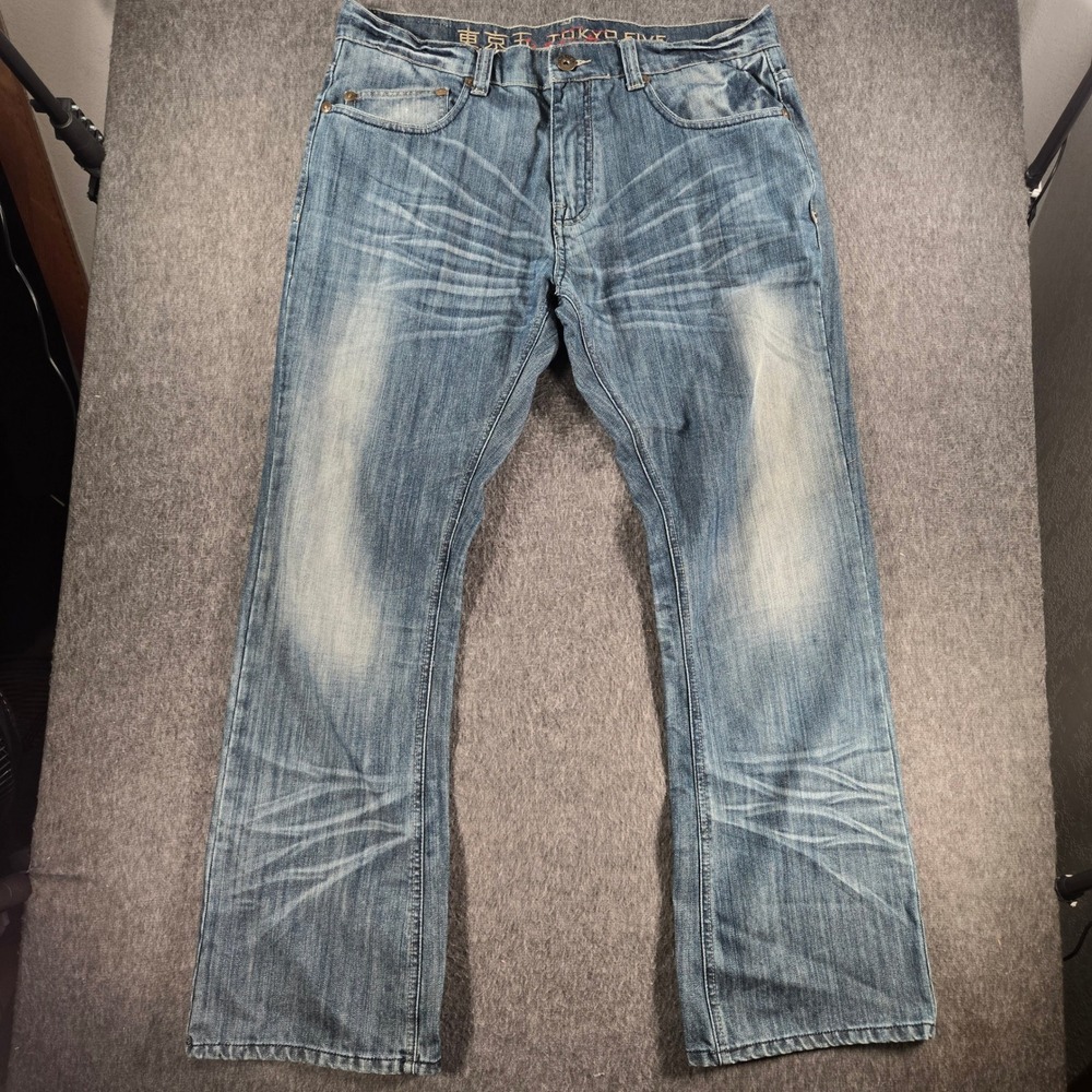 Tokyo Five Akira Boot Cut Jeans Mens 36x32 Blue Distressed Whiskered Denim Faded